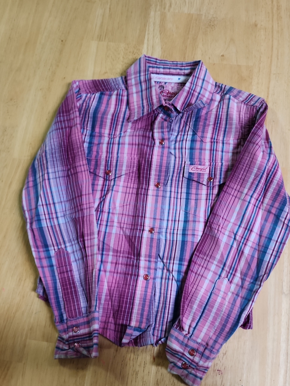Cowgirl Hardware Girls Plaid Pearl Snap Western Shirt Pink Purple Blue XS 4